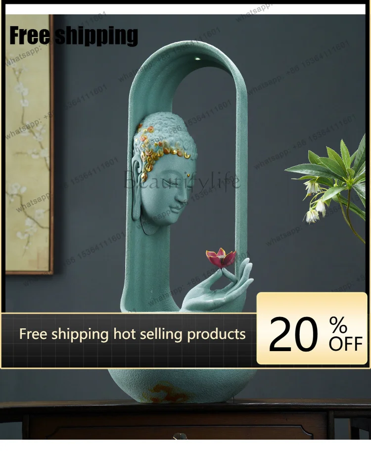 LJY  new Chinese zen Buddha head flowing water ornament circulating water humidification living room tea room fountain