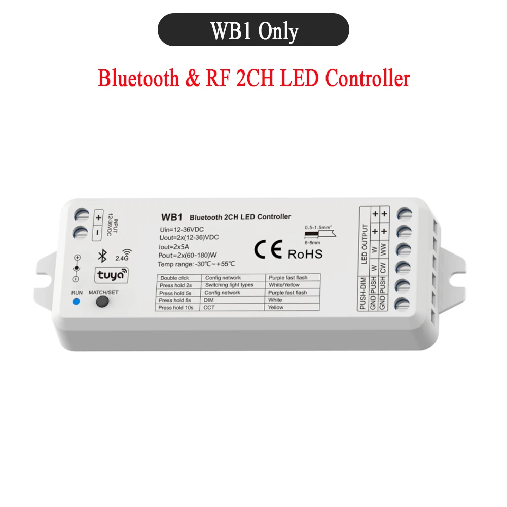 CENFAYA Bluetooth & RF 2CH LED Controller DC12V 24V Smart Dimmer Match mit RF 2,4G Fernbedienung für WW CW NW CCT LED Streifen 5