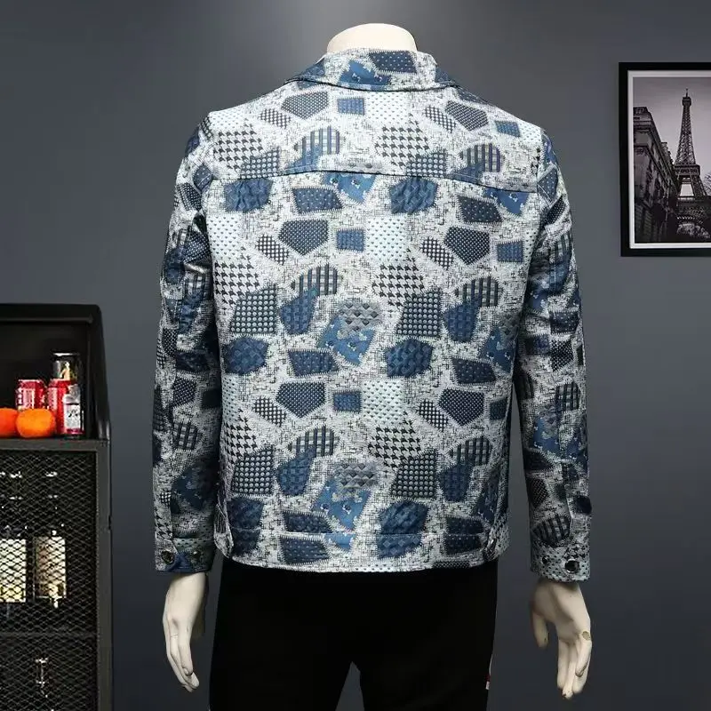 Spring Autumn High Quality Men\'s Fashion Casual Jacket Button Lapel Work Coat Jacquard pattern Plaid Tops Men Jackets