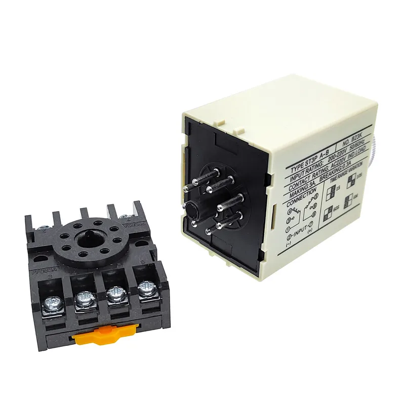 ST3PA-A/B/C/D/E/F/G Time Relay With Base Socket Power On Time Delay 8 Pins Off Delay Timer Relay AC 220V DC12V 24V