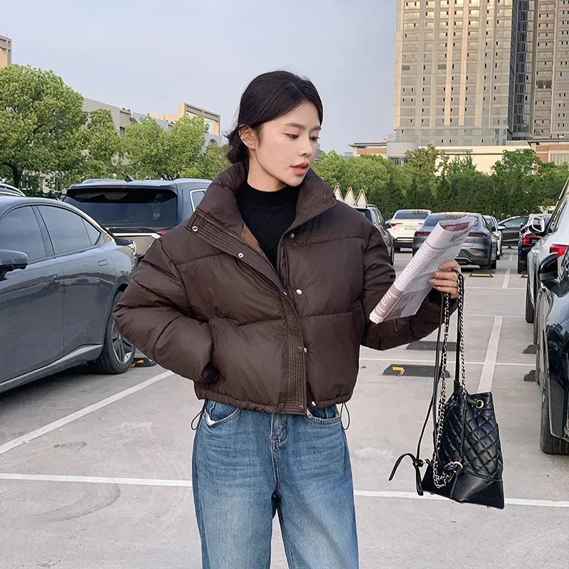 

2025 Winter Pu Leather Jacket Women Clothing Warm Short Puffer Jackets Loose Stand Collar Single Breasted Zippers Women Clothing