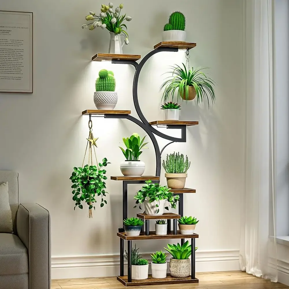 9-Tier Indoor Plant Stand with Grow Lights, Hanging Hooks, and S-Shaped Metal Rack, Brown