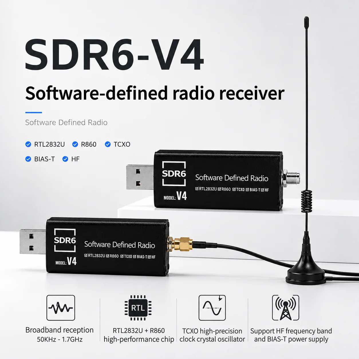 SDR6-V4 RTL2832U R860 TCXO 1PPM SDR Software Radio Receiver HF ADS-B