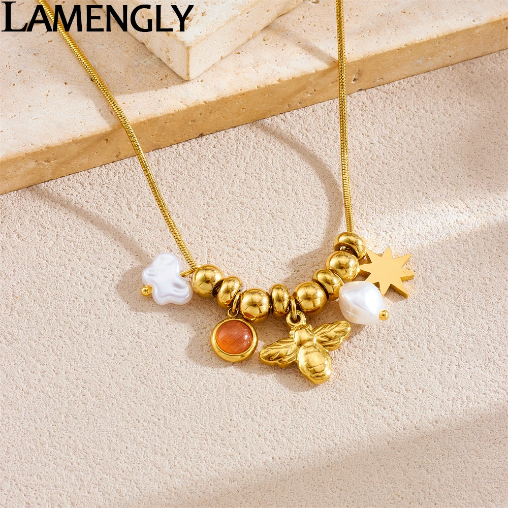 

LAMENGLY 316L Stainless Steel Golden Beads Succinite Bee Pearl Star Pendant Necklace For Women Novel Chic Neck Chain Party Gifts