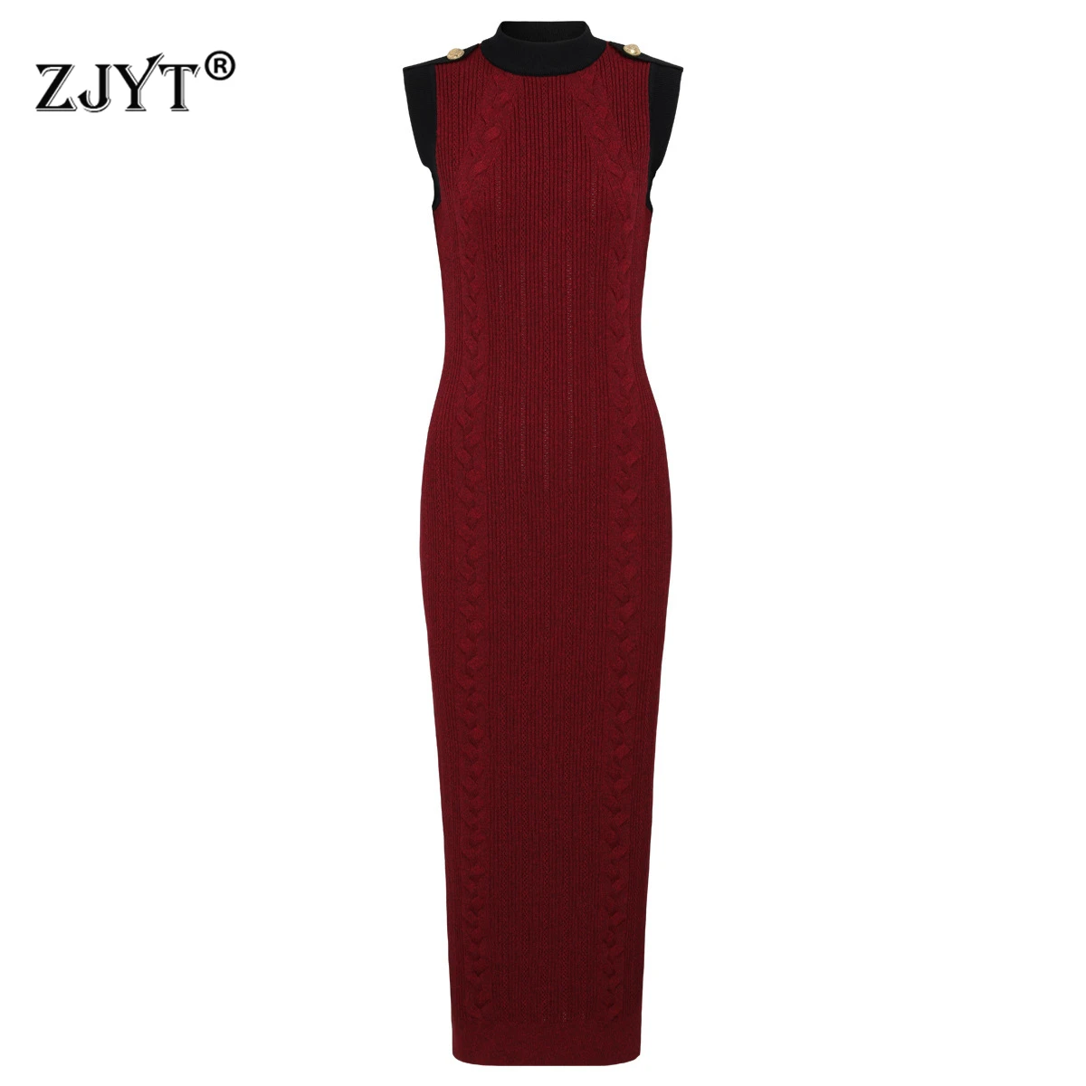 ZJYT nuevas mujeres sin mangas Midi vestidos de punto otoño 2025 moda cuello redondo Hit Color ceñido al cuerpo Slim Fit básico fiesta vestido Casual