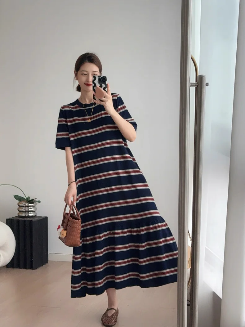 Ele coton décontracté rayure t-shirt Dr femmes h-line été nouveau Sle ort Sve Cleanfit scène de campagne Fem Dr