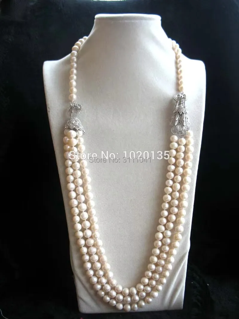 3rows freshwater pearl white near round  8-9mm &dragon clasp necklace 19-22inch FPPJ wholesale beads nature