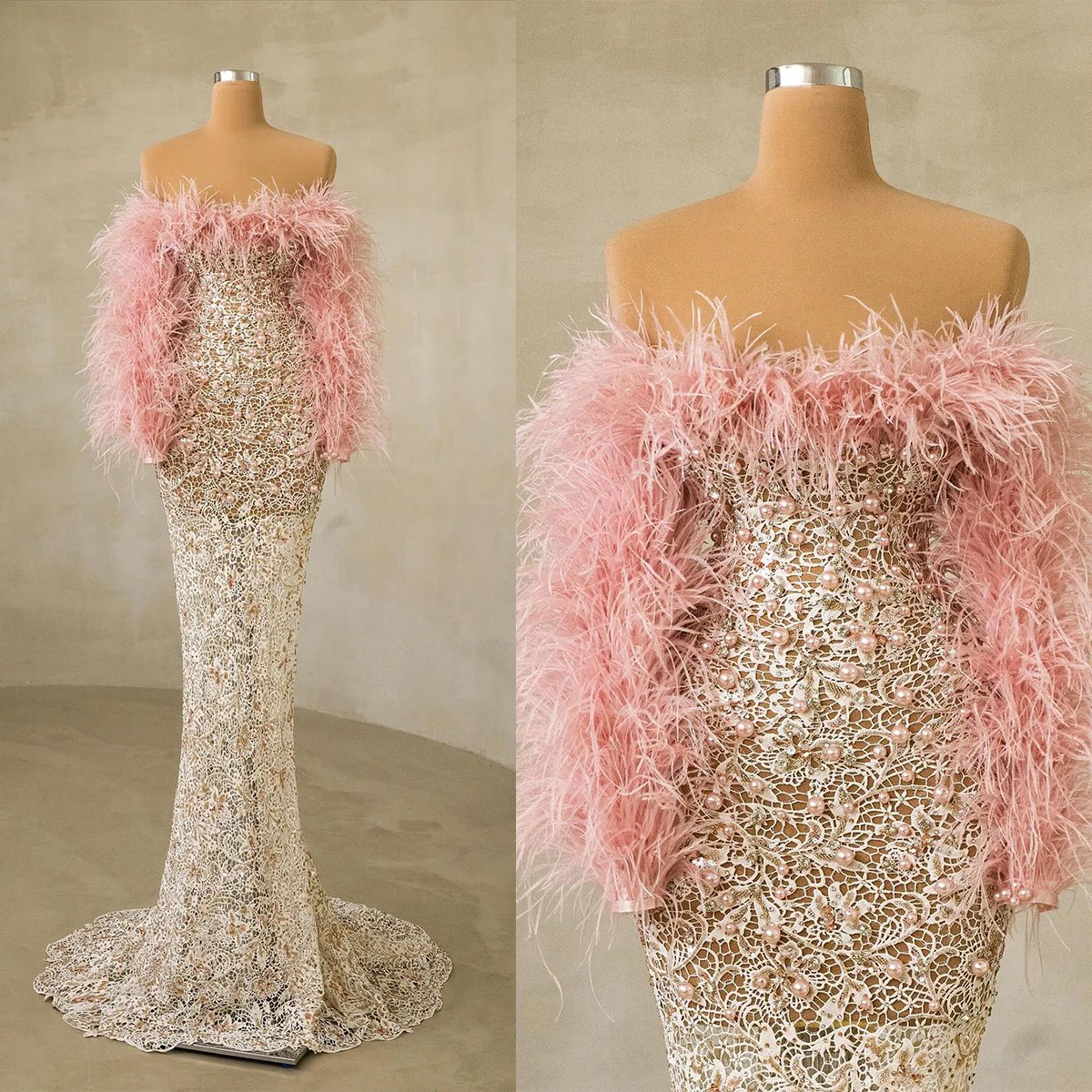 Sexy Feather Evening Dress Strapless Lace Illusion Prom Gowns Custom Made Pearls Beading Robes De Mariée Sweep Train