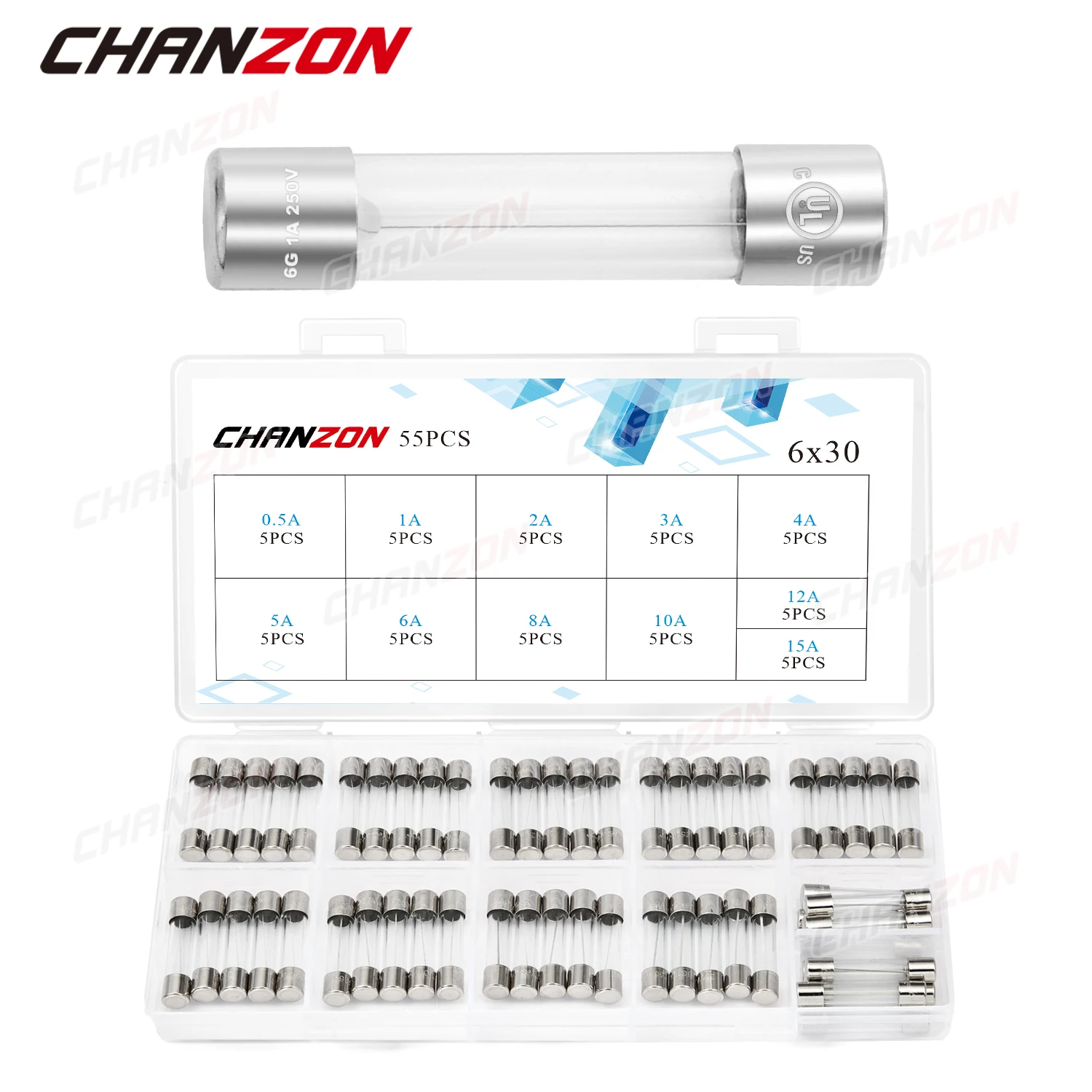 6x30 Fast Blow Glass Tube Fuses Set 6*30 0.5A 1A 2A 3A 4A 5A 6A 8A 10A 12A 15A 250V 125V 12V Assorted Kit with Box 55pcs