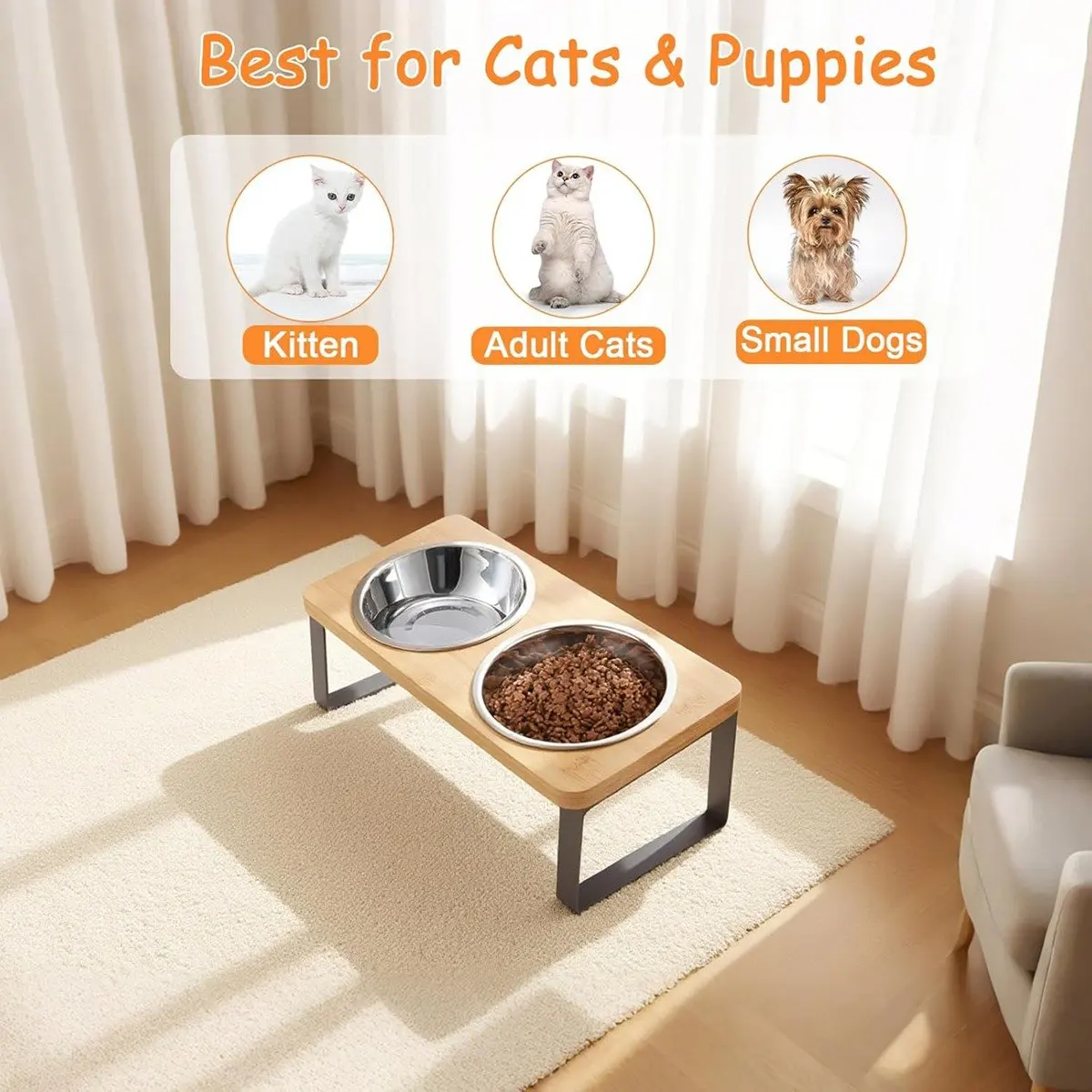 New Elevated Cat Bowls, Raised Cat Bowl with 32 Oz Stainless Steel Food Bowls Non-Slip Feeder, 15° Tilted Raised Pet Dishes