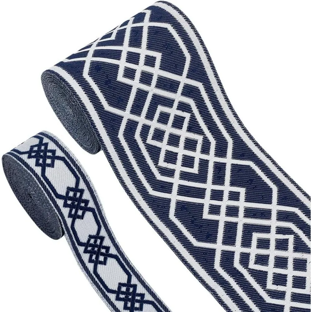Blaues Jacquard-Band 11 Yards 28,5mm/85mm breit Klassisches Rautenmuster Bestickte Spitzenborte Gewebter Stoffbesatz Vintage Fransen Blumenmuster