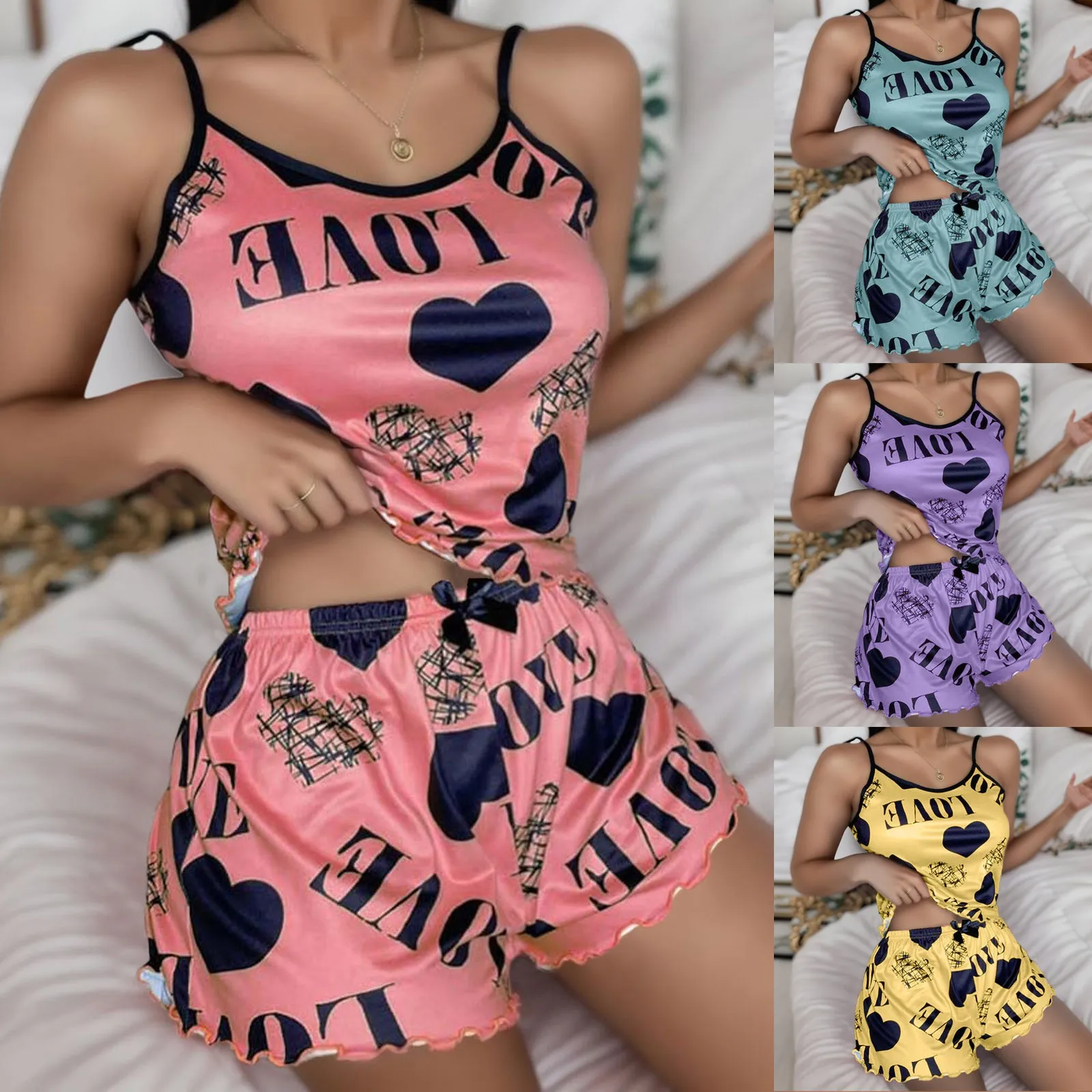 Two Pieces Set Women\'S Pajama Shorts Print Underwear Pajama Sexy Lingerie Tanks Nighty Ladies Homewear Loungewear Pijama mujer