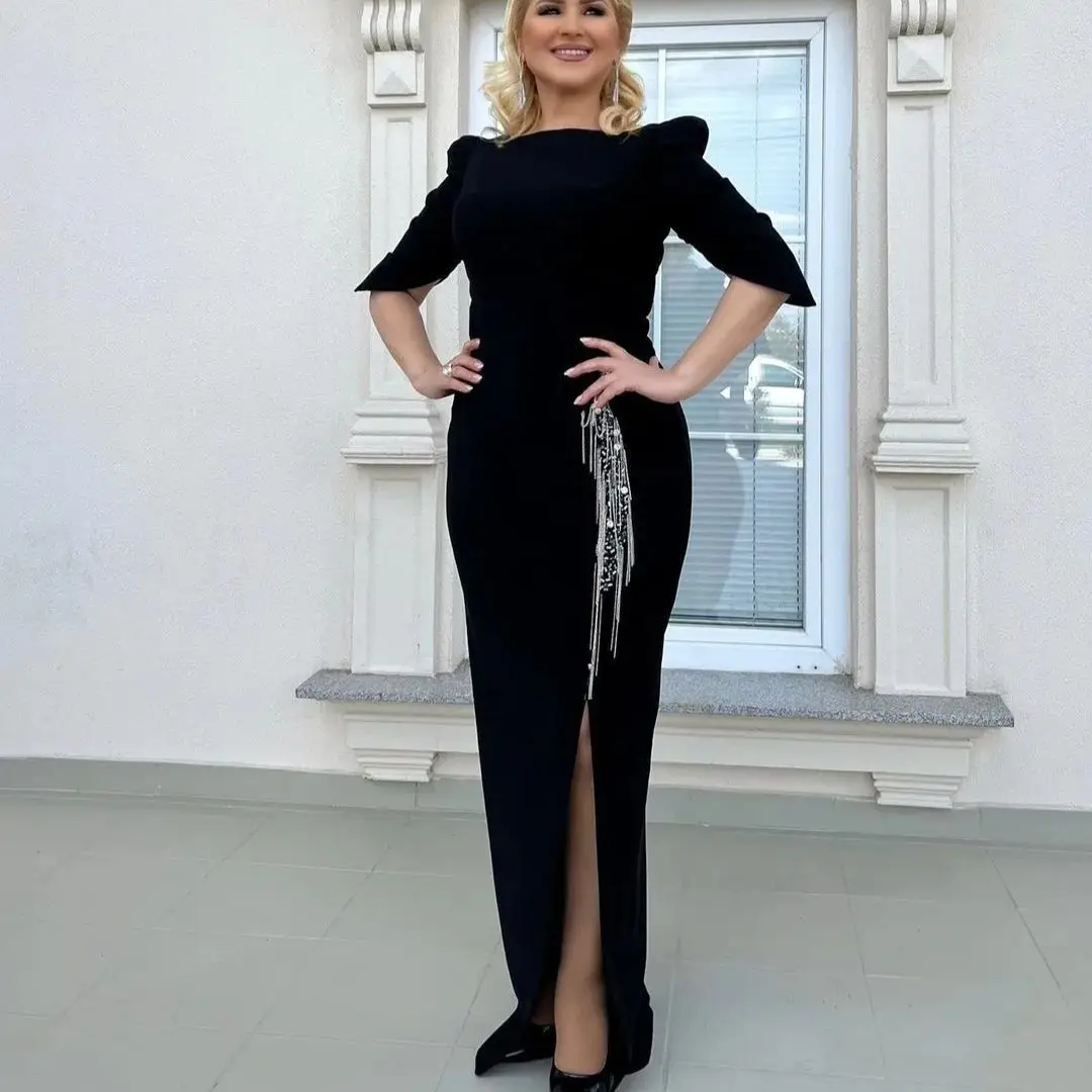 

فساتين سهره فاخره 2024 Half Sleeves Black Dresses for Evening Party Beading Side Slit Long Prom Gowns Zipper Robes De Soirée