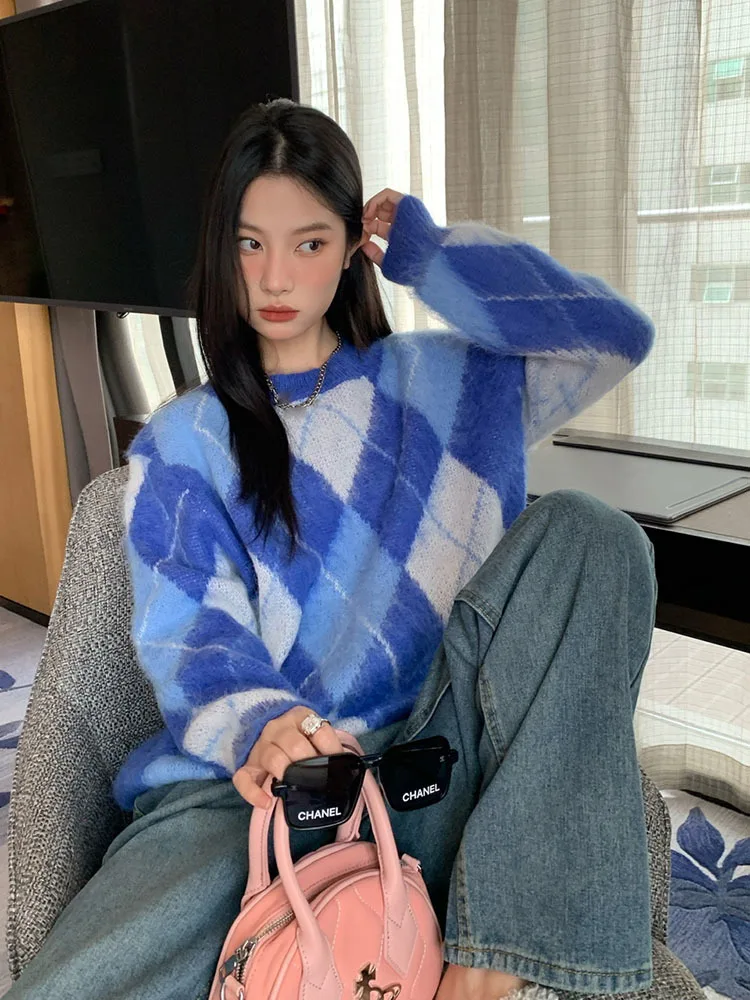 Korean Fashion Plaid Pullover Oversize Retro Vintage Kleidung Herbst Winter Schachbrett Stricken Jumper Blau Pullover