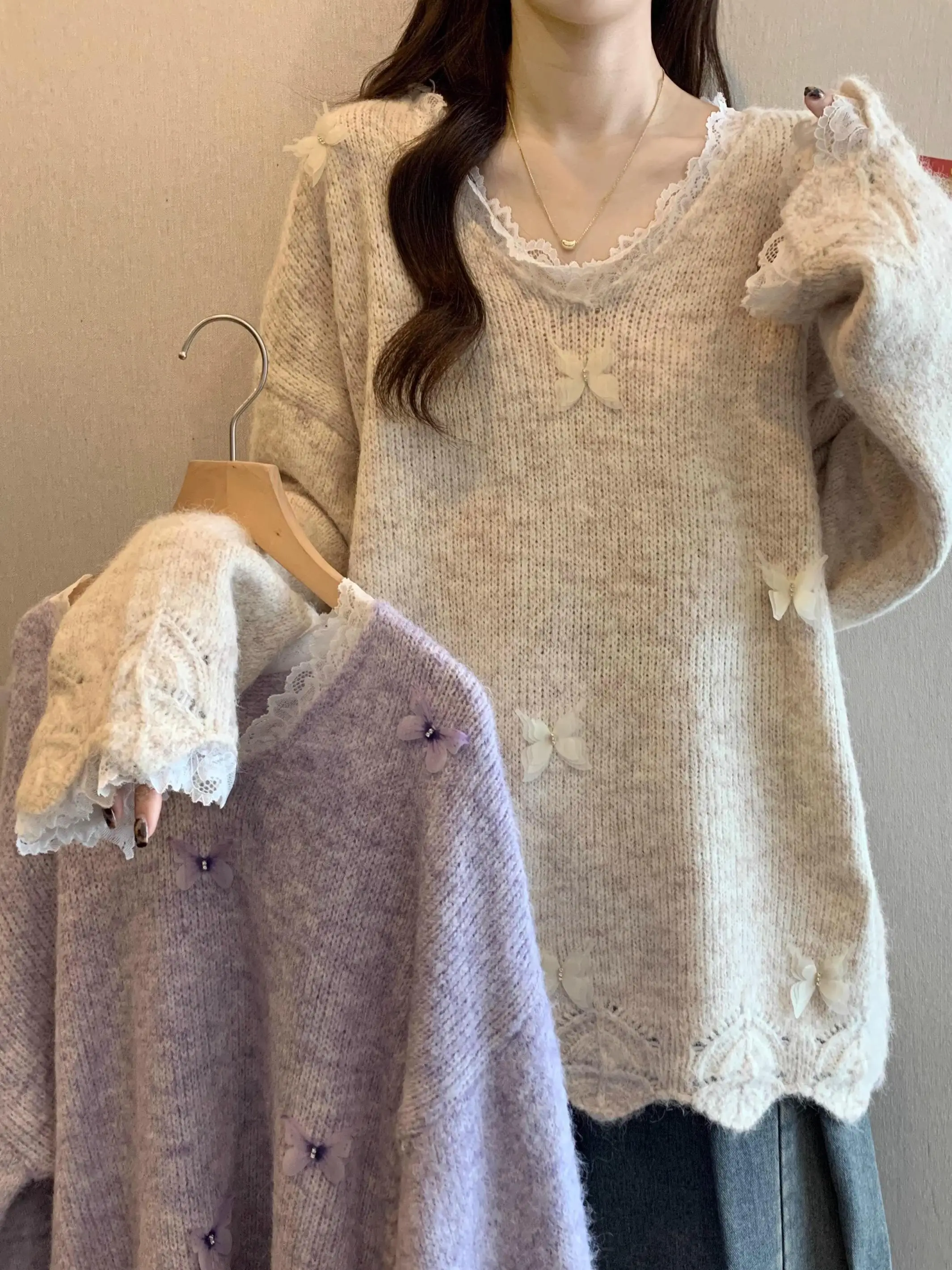 

Свитер с кружевным краем и декором в виде бабочки, женский весенне-осенне-зимний пуловер с v-образным вырезом, рубашка большого размера, тонкий стильный вязаный топ