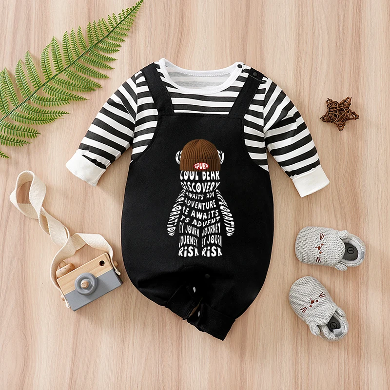 

Male Baby Striped Jumpsuit With Cool Bear Pattern Baby Long Sleeved Daily Casual Wear For Spring And Autumn
