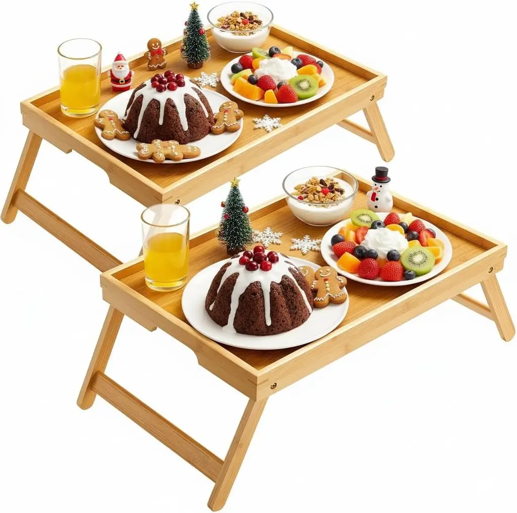 

Складной бамбуковый поднос-столик для кровати с ножками и ручками, идеально подходит для детей, пар, использования на диване - 2 штуки в упаковке