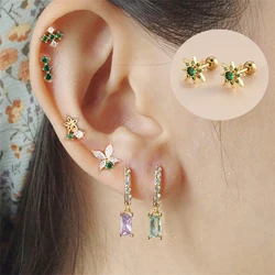 2PCS New Stainless Steel Green Zircon Star Small Ear Studs Earrings Women Minimal Helix Studs Cross Earring Piercing Jewelry