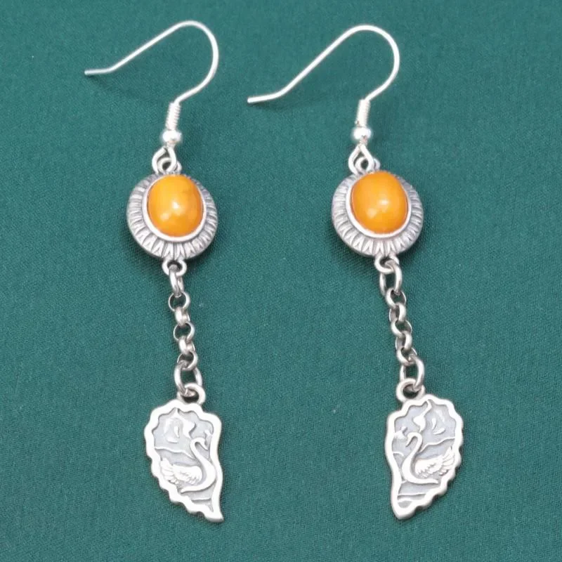 925 Sterling Silver Beewax Long Tassel earrings For Women Vintage Ethnic Style Amber Hanging Jewelry Wholesale EH242