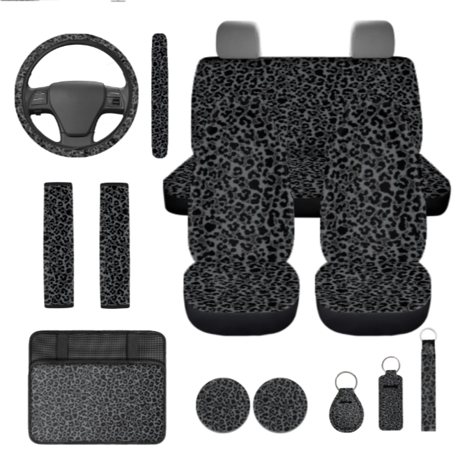 Coloranimal Leopard Print 13 PCS Car Seat Cover Set with Washable Steering Wheel Cover and Armrest Pad for Most Cars