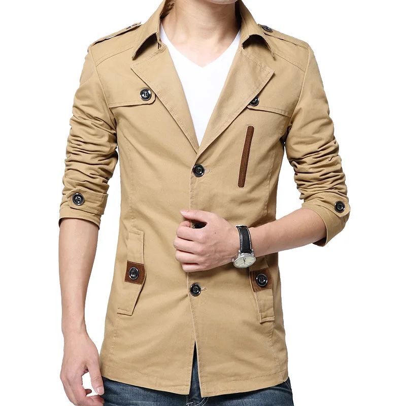 

2023 Spring Autumn New Men Jackets Casual Slim Solid Color Single Breasted Overcoat Mid-Length Tailored Collar Male Trench Coat