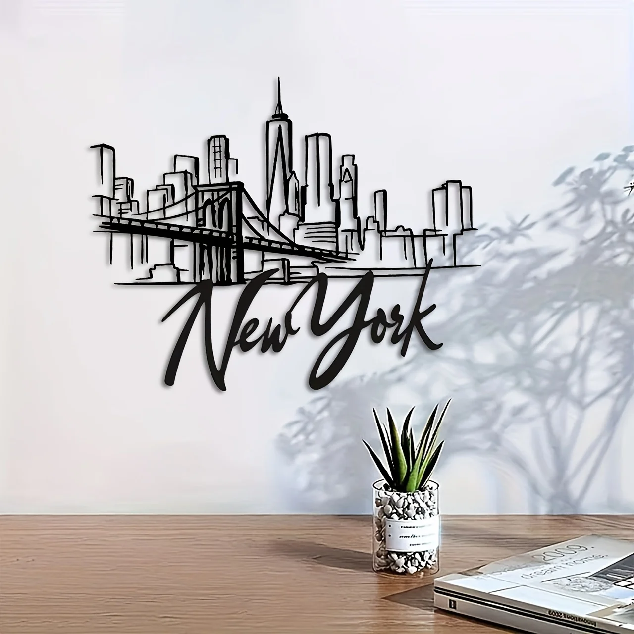 CIFBUY Metal Wall Art New York City Skyline Brooklyn Bridge Black White Minimalist Line Drawing Modern Home Decor for Living Roo