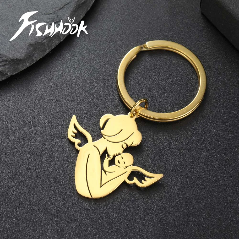 Fishhook Angel Mother Day Gift For Woman Men Kid Child Keychain Mom Family Baby New Born Car Key Chain Stainless Steel Jewelry