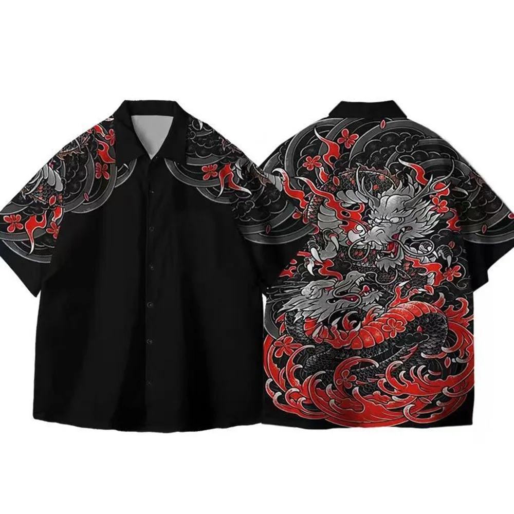 

Mens Japanese Cartoon Dragon Print Shirt Daily Thin Breathable Personality Dark Style Short-Sleeve Top Men'S Clothing Summer New