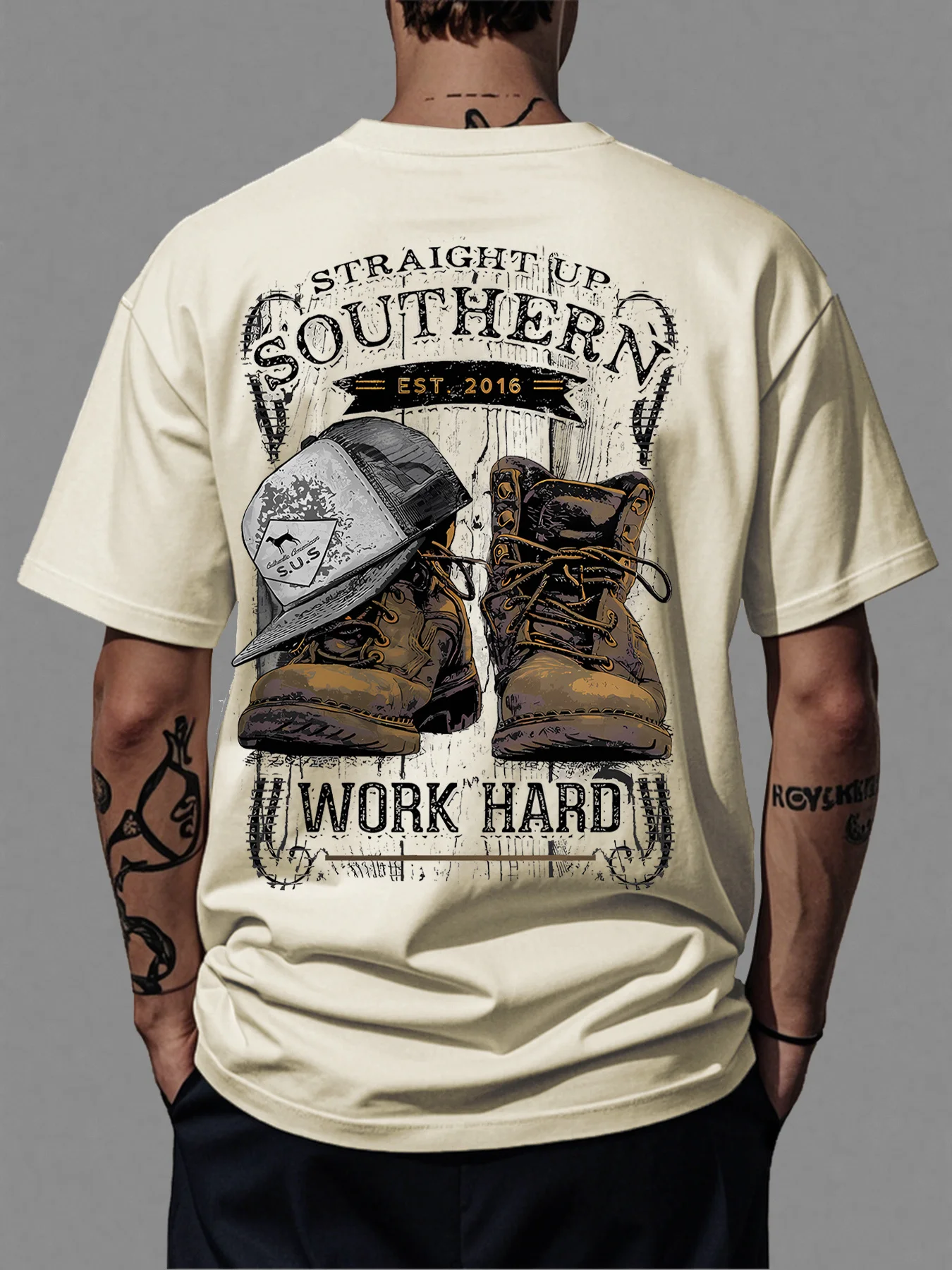 Men's 100% Cotton Vintage Work Boots & Hat Print T-Shirt - Relaxed Fit Short Sleeve Crew Neck Casual Tee, Durable for all-Season