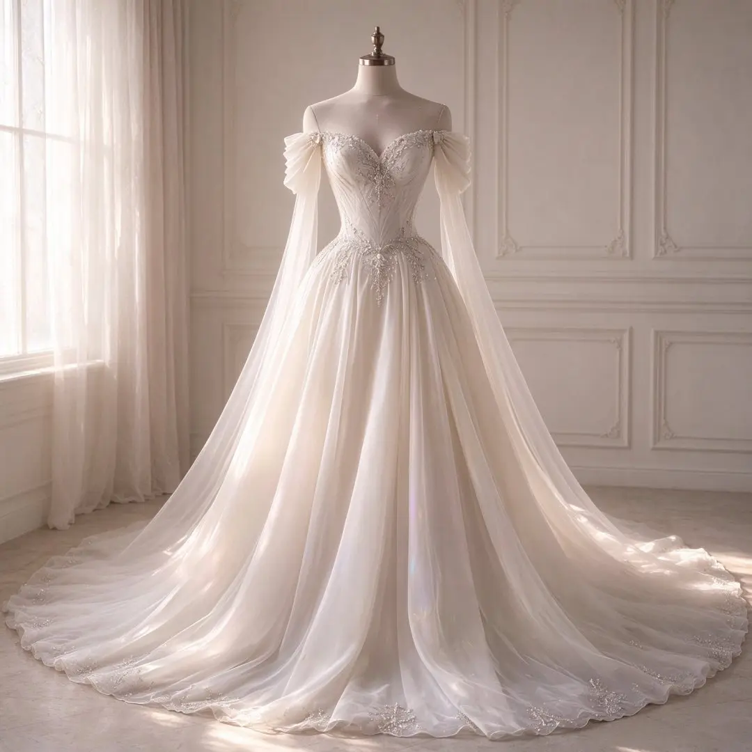 Custom Off Shoulder Wedding Dress Puff Flutter Sleeve Beaded Sweetheart Tulle Ball Gown Chapel Train Bridal Gown Vestido De Novi
