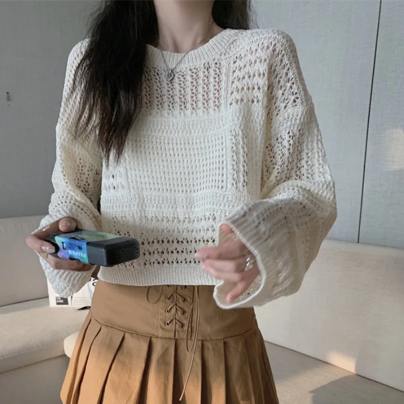 Jersey Mujer Korean Style New Jumper O Neck Solid Hollow Out Short  Long Sleeves Sweater Women Casual Knitted Pullover CR1567