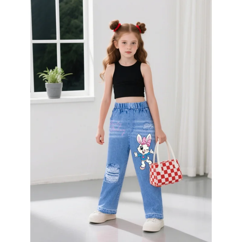

Girls' Cartoon Rabbit Print Ripped Faux Craft Jeans - Kids' Printed Ripped Faux Jeans
