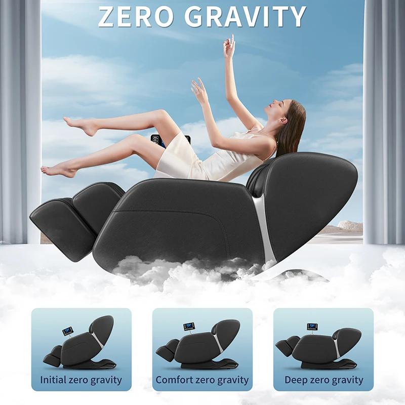 Full body massage chair zero gravity mode foot massage 8 fixed massage rollers LCD touch screen waist heater Bluetooth black