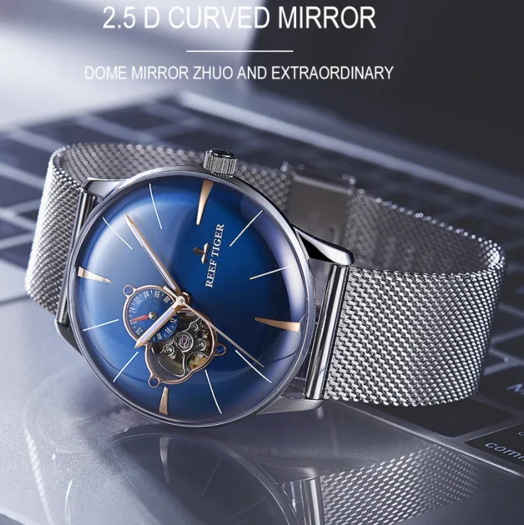 Reloj Automático Reef Tiger para hombre, reloj de pulsera mecánico Vintage de 40mm, resistente al agua hasta 50M, burbuja luminosa, espejo de zafiro, esfera con mecanismo al descubierto