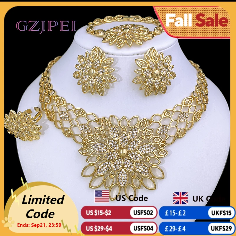 

Luxury Jewelry Set For Women High Quality 18K Gold Plated Dubai Jewelry Necklace Earring Ring Bracelet Trending