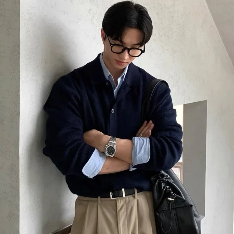 

Pure Color Crew Neck Knitted Cardigan Casual Style Men's Sweater Lazy Fashion Autumn Outerwear Comfortable Breathable Top