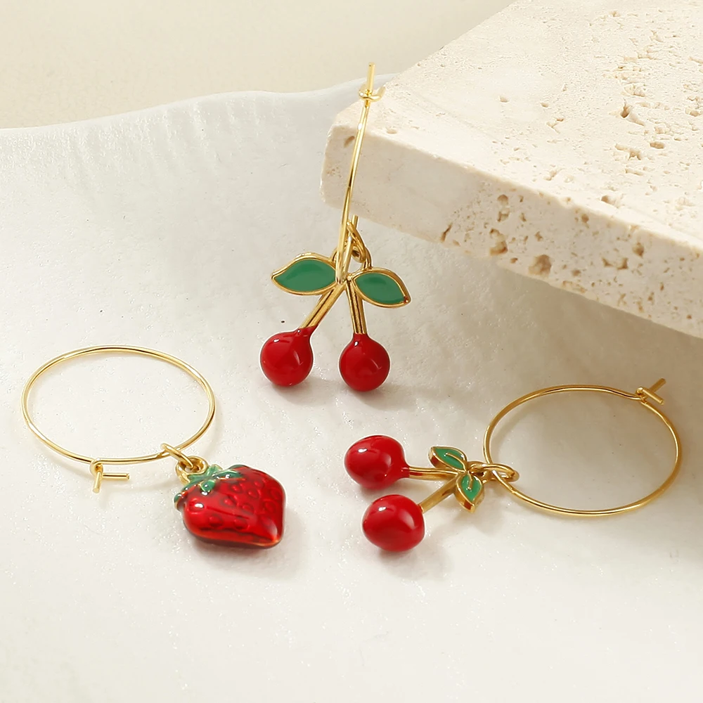 Colorful Enamel Fruit Ear Threaders Strawberry Banana Cherry Mango Stainless Steel Hypoallergen Dangle Single Earrings for Women