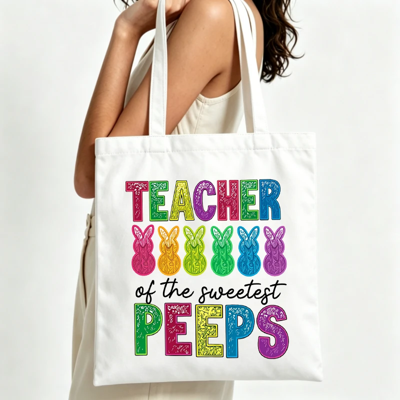 Easter bunny and letter print canvas tote bag, casual style for spring shopping and daily use