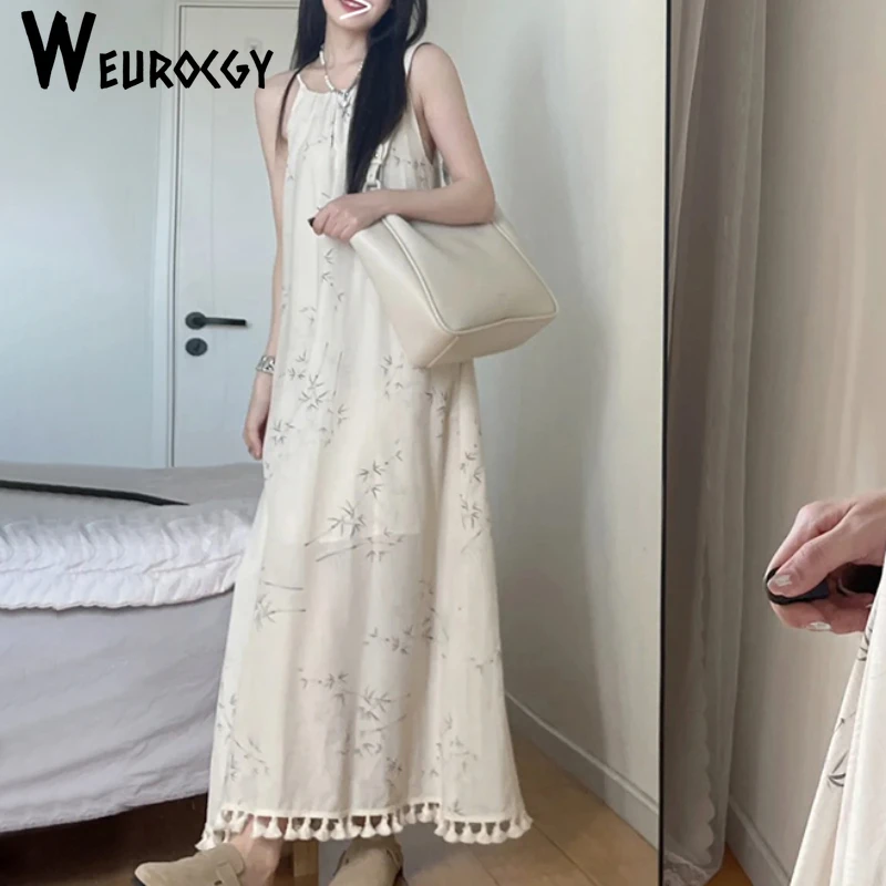 Women Dress 2024 Summer Comfortable New Style Casual Loose French Style Floral Print Sleeveless Strap Sling Long Dresses