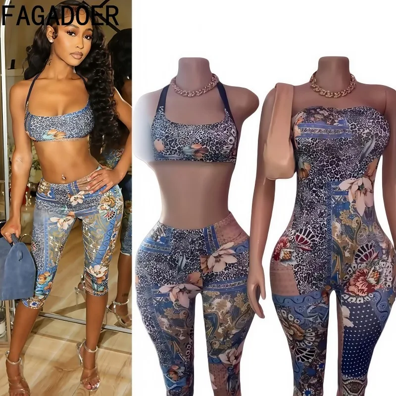 

FAGADOER Sexy Colorful Print 2 Pieces Set for Woman Halter Sleeveless Backless Crop Top + Pants Matching Suit Female Streetwear