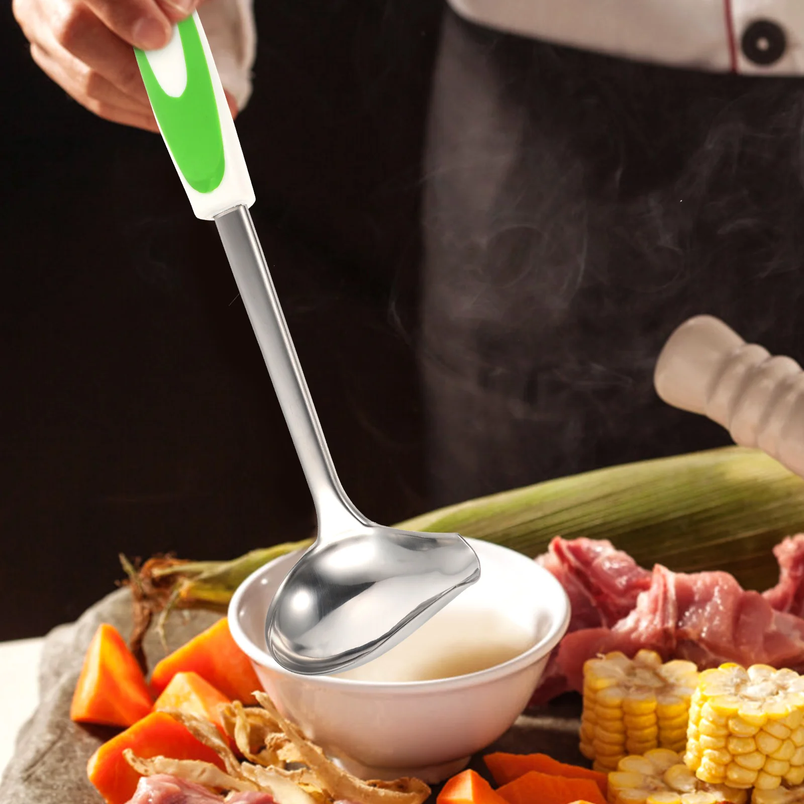 

Stainless Steel Sauce Ladle Soup Spoon Long H Anti Slip Green Color Kitchen Gadgets Gravy Serving Spoon Cooking Accessories