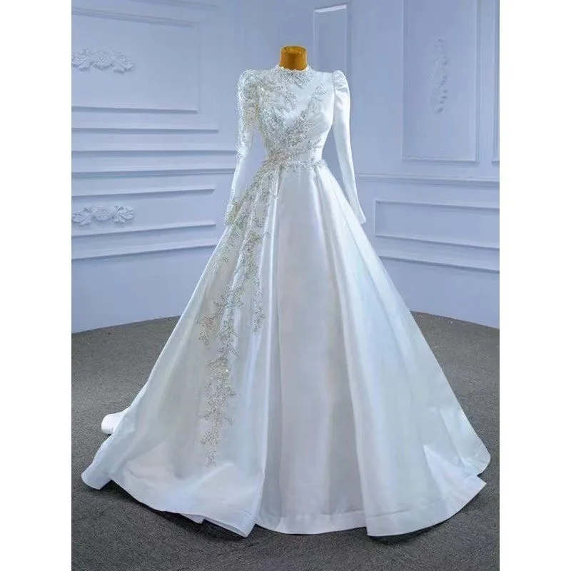 Vestido de noiva com miçangas de lantejoulas, vestido de noiva linha A, gola alta, mangas compridas, Dubai e árabe, customizado, novo design