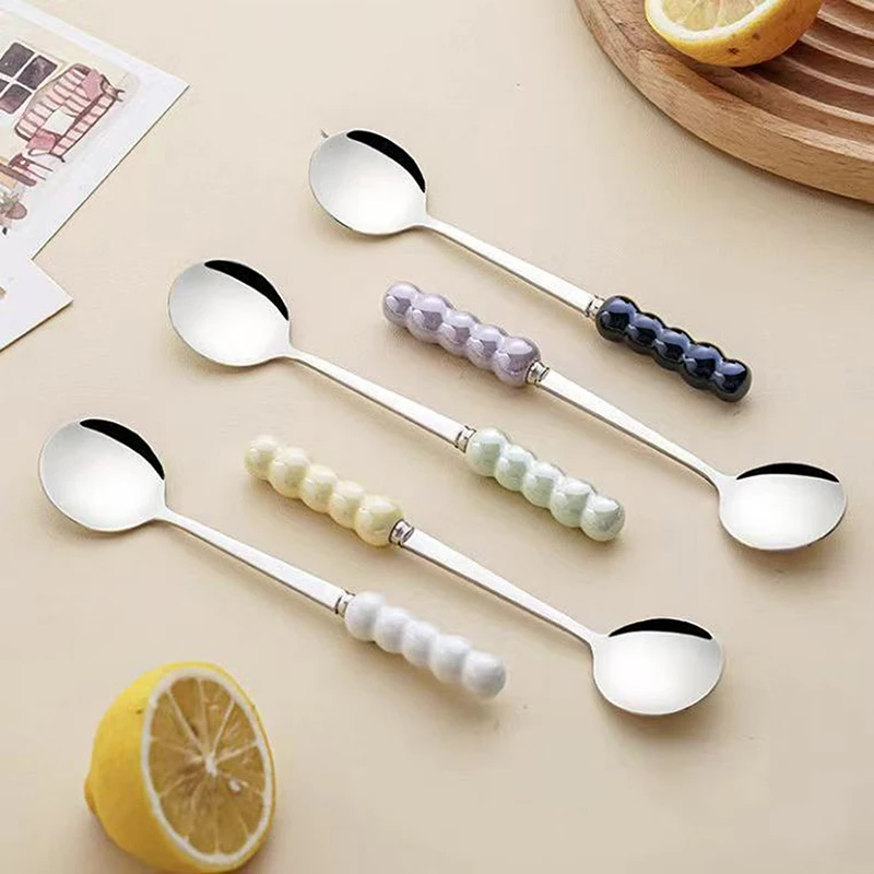 1PC Dessert Spoon High Appearance Level Creative Pearl Ceramic Handle Household Stainless Steel Spoon DIY Accessories