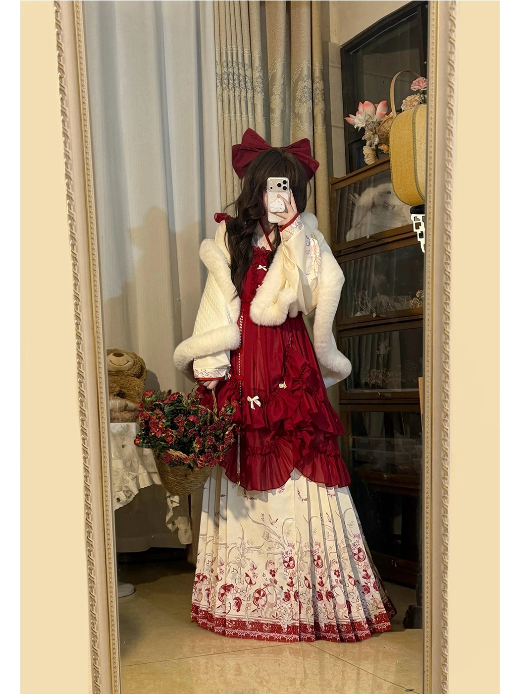 Red Hanfu Lolita Coat with Embroidered Collar And Padded  Skirt for Women Autumn Winter Traditional Chinese Clothing