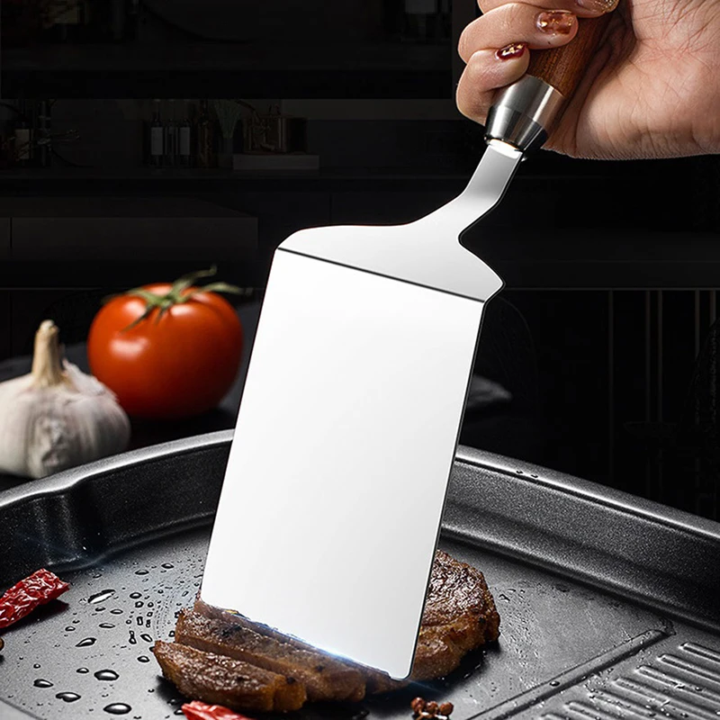 1PC Stainless Steel Steak Spatula Pancake Scraper Turner Grill Beef Fried Pizza Shovel With Wood Handle Kitchen BBQ Tools