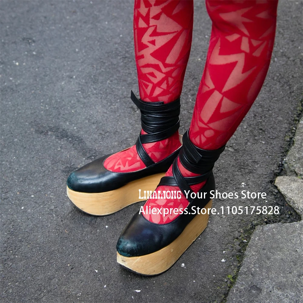 Black PU Leather Rocking Horse Shoes Strange Heel Ankle Strap Lolita Shoes Kawaii Style Kimono Cosplay High Heels Customizable