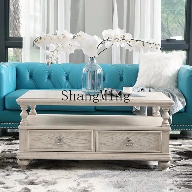 ZYY solid wood coffee table living room retro old double draw rectangular coffee table storage storage table