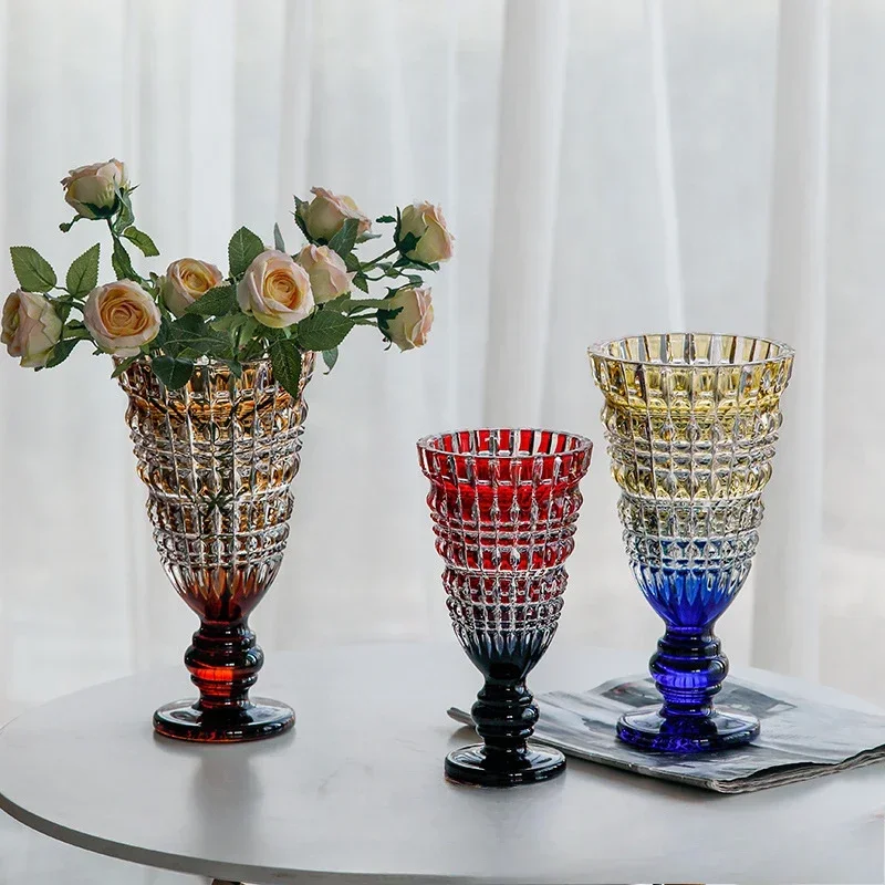 American Large-diameter Glass Vase with High-end Color High-foot Vase Hydroponic Flowers Dried Flowers Floor-standing
