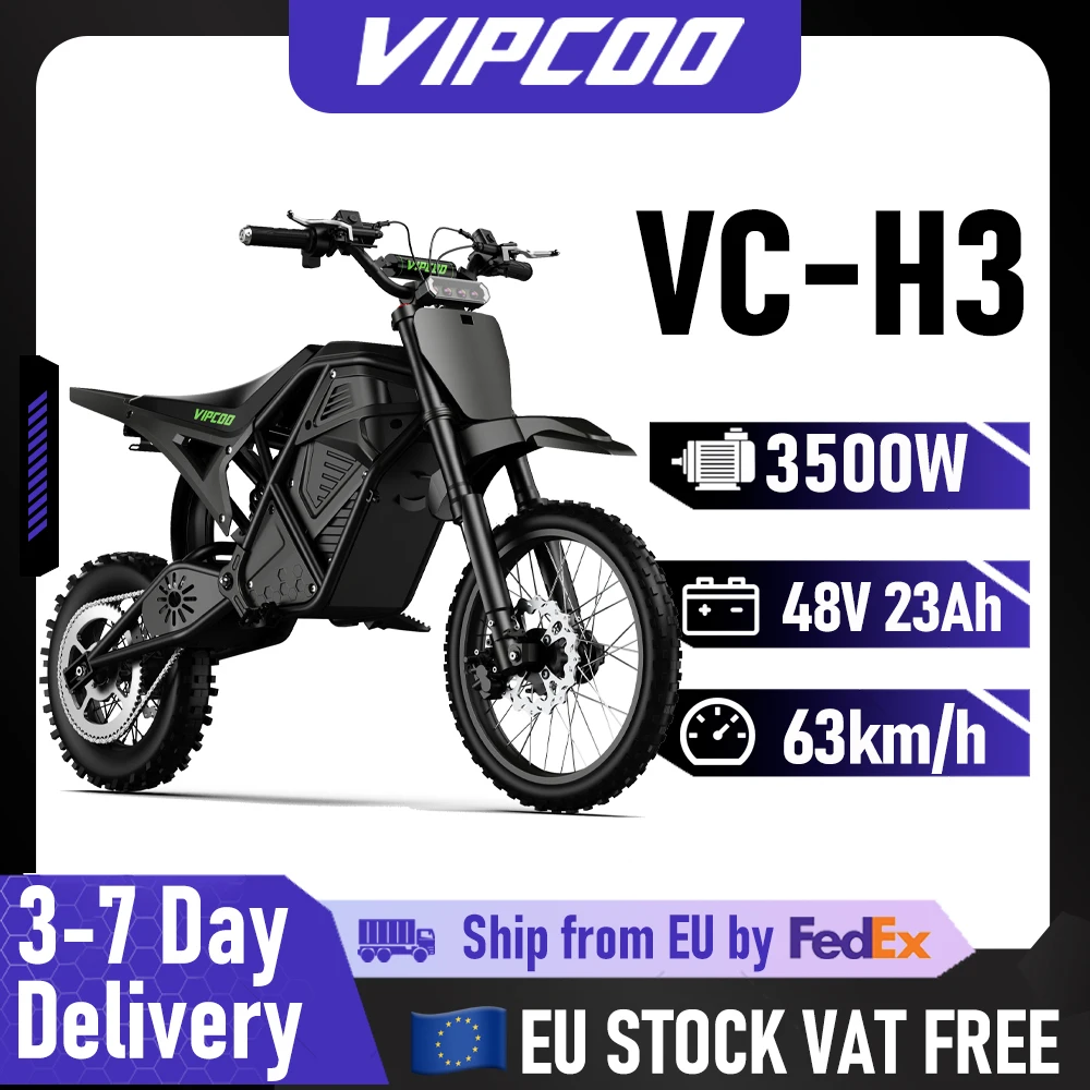 Moto électrique tout-terrain VIPCOO H3 3500W 48V 23AH, moto électrique à pneus larges, suspension à azote, moto tout-terrain électrique pour adolescents et adultes