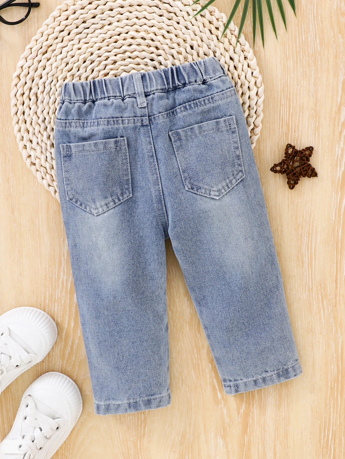 Baby Baby girl denim pants Spring and autumn printed butterfly waist all round elastic spray white denim light blue